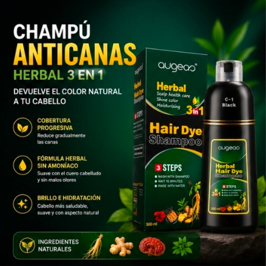 Champú Anticanas Herbal 3 en 1 – Cobertura Progresiva y Color Natural para el Cabello | 500ml